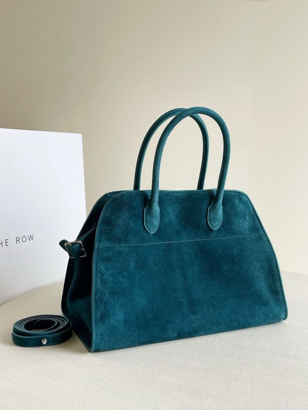 The Row Teal Suede Dome Satchel with Detachable Strap